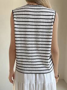 DAZY Frühlings- und Sommer-Damen-Tanktop im lässigen Urlaubsstil mit Hohlspitze-Patchwork, schwarz-weißen Streifen, Kontrastfarben und Vorderbindung, ärmellos und locker geschnitten - Schwarz und Weiss - Übersicht 3