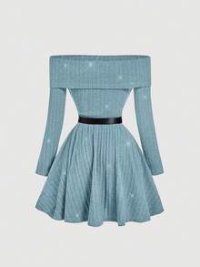 SHEIN MOD Women's Blue Rib-Knit Off The Shoulder Short Fit And Flare Party Dress With Wrist-Length Sleeves - Blue - View 2