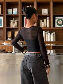 SHEIN EZwear Áo thun dài tay cổ tròn phối lưới thời trang đa năng dành cho nữ, thích hợp cho buổi hẹn hò hoặc buổi tối. - màu đen - Xem 2