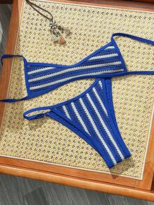 Swim Mod Conjunto de bikini de 2 piezas a rayas para vacaciones en la playa, sexy, para mujer, Primavera/Verano 2026 - Azul - Ver 1