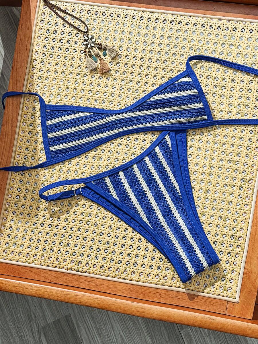 Swim Mod Conjunto de bikini de 2 piezas a rayas para vacaciones en la playa, sexy, para mujer, Primavera/Verano 2026 - Azul - Ver 1