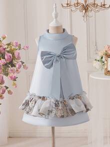 SHEIN Young Girl Woven Solid Color Bowknot Ruffle Hem Casual Dress, Young Girls - Blue - View 1