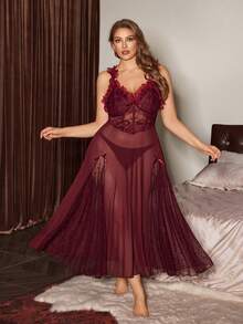 Slumberist Maroon Mesh Plus Size Sleeveless Semi-Sheer Midi Nightgown With Ruffle Detailing Plus Size Nightgown Plus Size Lingerie Dress Plus Size Night Dress Plus Size Gown - Maroon - View 5