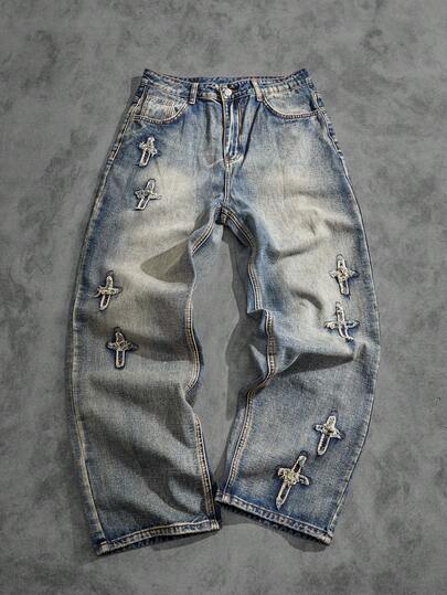 Manfinity ZONE917 Jeans anchos y holgados desgastados de color azul claro con estilo retro Y2K para hombre, para regalos de esposo o novio, salir, pasar el rato, ir al trabajo, estilo urbano, emo