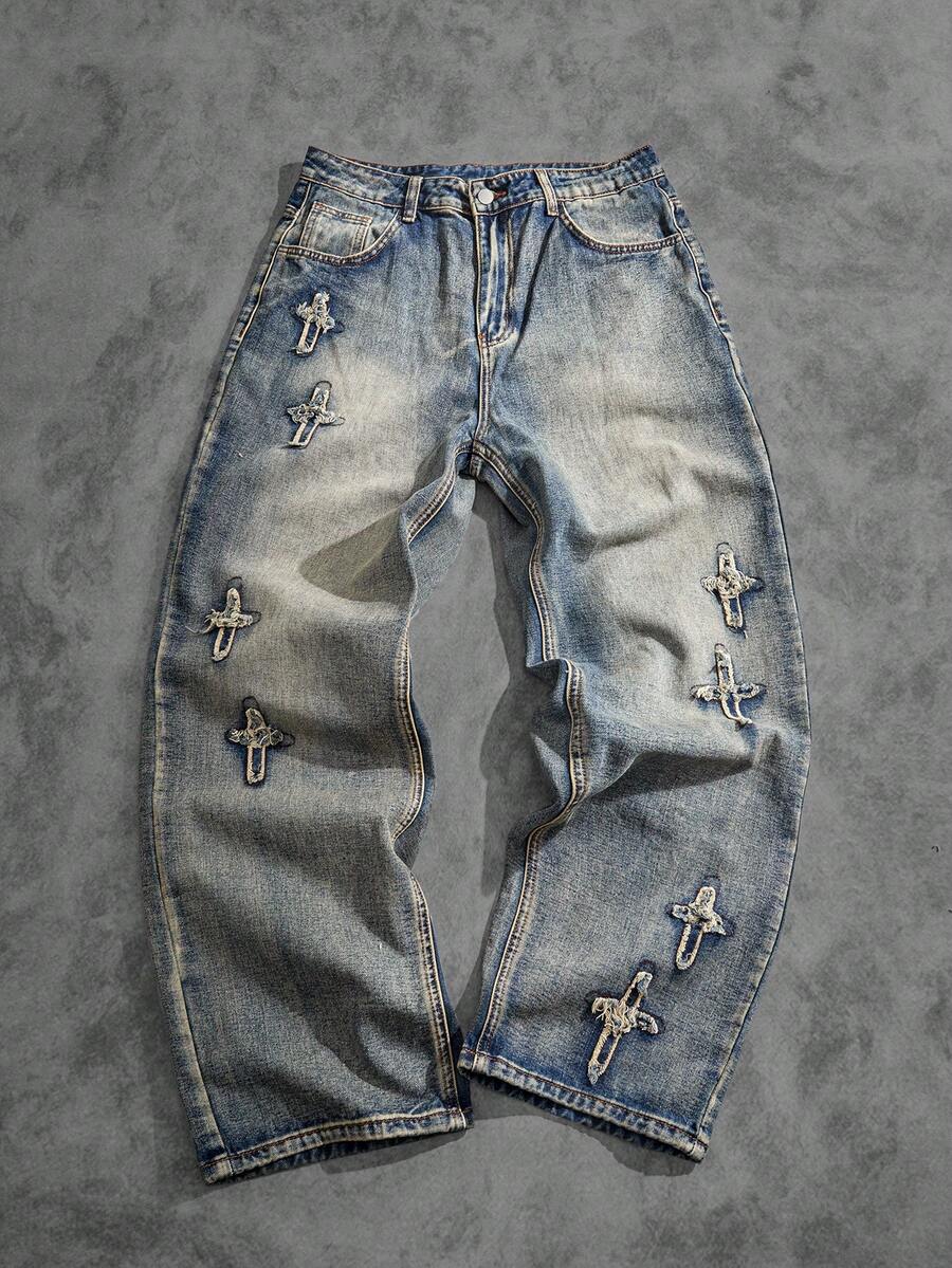 Manfinity ZONE917 Y2K Retro Streetwear Men's Light Blue Washed Loose Distressed Wide Leg Baggy Jeans, For Husband, Boyfriend Gifts Going Out Hang Out Commute Street Urban, Emo Style - Light Wash - View 1