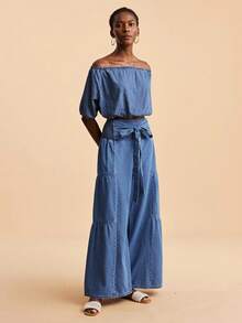 Travachic Women's Knotted Waist Ruffle Hem Loose Casual Jeans - Medium Wash - View 4