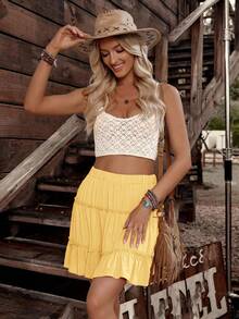 Breezaya 女士纯色弹力腰荷叶边休闲半身裙 - 鵝黃色 - 查看 4