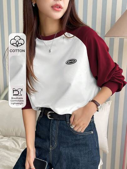 DAZY 字母拼色插肩袖 T 恤，秋季服装学院风上衣，长袖女式上衣