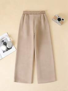 Casuvi Kids Girls Casual Loose Straight Leg Pants, Elegant Commuter Style, Smooth Fabric, Suitable For Spring And Autumn - Khaki - View 2