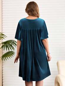 EMERY ROSE Plus Size Women's Summer Elegant Dinner Dress,Light Teal V-Neck Ruffle Sleeve Lace & Velvet Patchwork Viscose Casual Vacation Outfits For Women - Blue - View 4