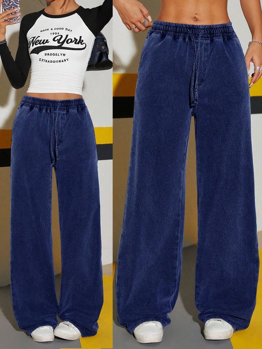 少女时尚休闲 Y2K 复古酷炫街头风返校学院风宽松舒适灰色弹力腰带抽绳设计牛仔阔腿裤柔软日常穿着秋冬派对街头风宽松阔腿牛仔裤女款 - 深色水洗藍 - 查看 1
