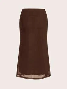 SHEIN EZwear Women's Valentine's Day Heart Print Fish Tail Black Mesh Skirt Slip Skirt Curve Skirt Brown Skirt Sheer Skirt - Chocolate Brown - View 2