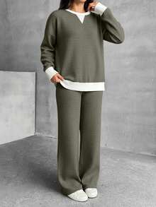 EURMUSE 2 Pcs, Blok Colar Sweatshirts & Pants - Army Green - View 3