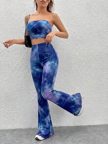 SHEIN EZwear 女士扎染抹胸上衣和喇叭裤两件套，春夏款 - 寶藍色 - 查看 1