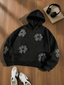 SWAVVY Men's Casual Loose Fit Pullover Hoodie With All-Over Graphic Print, Black, Spring/Autumn, Going Out,Streetwear Flower Hoodie Black Graphic Hoodies Y2k Hoodie Men - Black - View 4