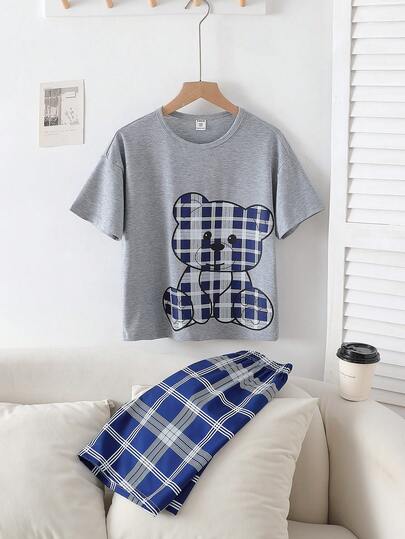 男童休闲格子熊图案短袖上衣和格子印花短裤睡衣套装（2件套）