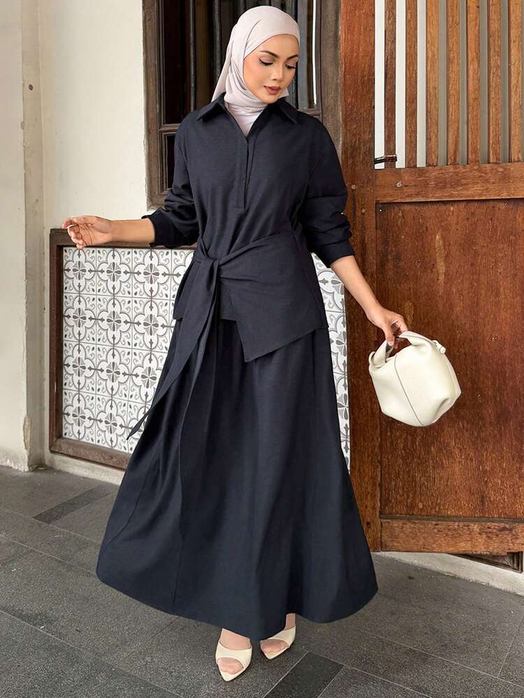 2pcs Women Casual Collared Tie-Waist Top And Long Skirt Set