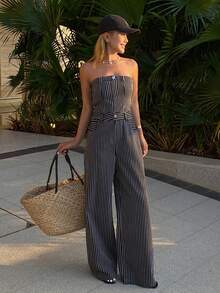 DAZY Striped Waist Bandeau Women's Denim Jumpsuit - Black and White - View 5