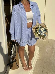 Sunnyshic 2pcs Women Striped Print Sleeveless Collared Embroidered Shirt & Elastic Waist Casual Shorts Set, Spring/Summer - Blue and White - View 3