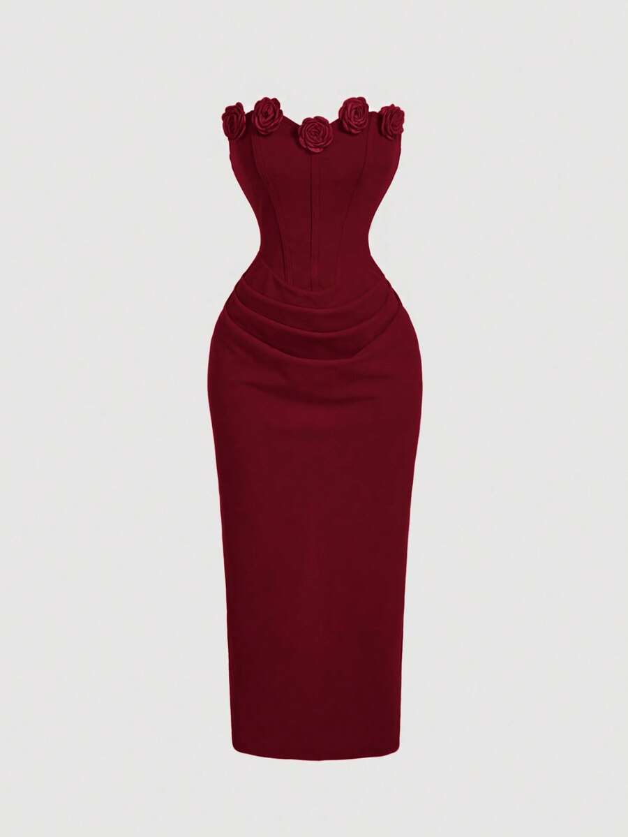 SHEIN MOD 红色3D立体花朵褶皱修身抹胸中长连衣裙，适合秋季婚礼宾客、返校节、新年、情人节等场合。 - 酒紅色 - 查看 1