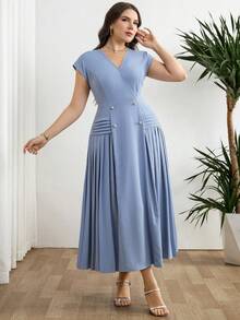 Modelyn Plus Size Elegant Solid Color Pleated Dress, Summer - Blue - View 7