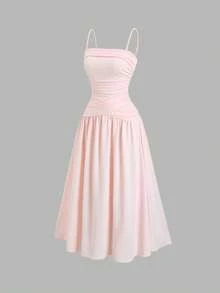 Sweetra Women's New Elegant Ruffle Strap Sleeveless Long Dress, Pink, Fitted Silhouette For Daily Commute, Women's Long Summer Dress, Long Party Dress - Pink - View 1