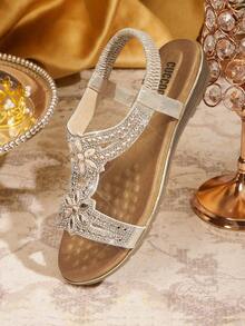 CUCCOO TILAWA Sandalias planas para mujer, zapatos de estilo bohemio, suela de PU minimalista con rhinestones y calados, cómodos, versátiles, ligeros y duraderos - Oro rosa - Ver 6