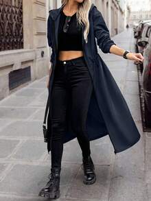 SHEIN LUNE Manteau de trench casual pour femmes à capuche avec cordon de serrage à la taille, couleur unie, pour l'automne - Bleu marine - Voir 3