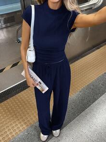 Siren Gaze 女款海軍藍夏季休閒優雅日常兩件套 中式立領短袖上衣與長褲運動套裝 機場穿搭 工作服 - 藏蓝色 - 查看 5