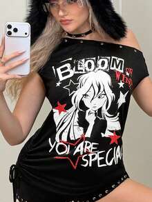 The Winx x SHEIN 女士Y2K休闲时尚街头卡通人物字母印花不对称领口金属孔眼细节修身T恤，夏季 - 黑色 - 查看 5