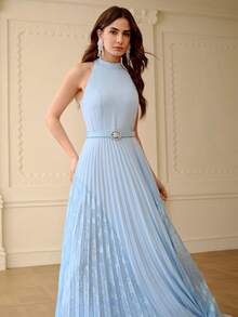 ZEYLAH Color Block Pleated Fitted Elegant Flared Dress, Spring/Summer - Blue - View 4