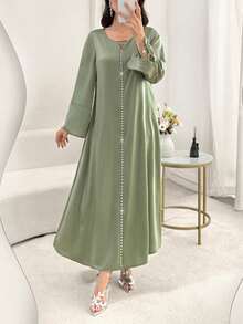SHEIN Najma Elegant V-Neck Flare Sleeve Ruffle Hem Dress, Spring/Summer - Green - View 4