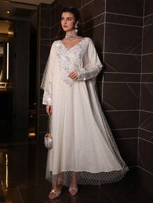 Al Najma Mesh Jacquard Patchwork Elegant Loose Long Sleeve Women Dress