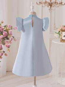 SHEIN 女童纯色串珠刺绣立领荷叶边连衣裙 - 藍色 - 查看 4
