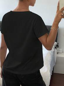 Livesso Kaos Wanita Lengan Pendek Longgar Kasual Warna Polos dengan Leher V Dalam - Hitam - View 3