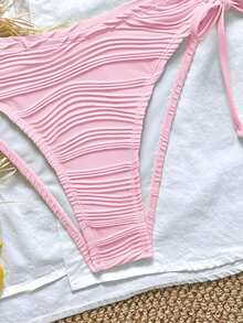 Swim Mod Conjunto de Maiô Bikini Halter com Fitas Laterais, Fivela de Metal e Tecido Texturizado Swim Chiccia, Praia de Verão - Rosa chiclete - Visão 4