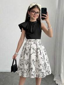 SHEIN Firerie Kids 少女纯色无袖上衣和碎花裙套装，可爱休闲日常百搭 - 彩色 - 查看 7