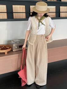 FRIFUL 女士纯色100%棉抽绳腰斜襟纽扣直筒裤，宽松休闲百搭长裤 - 卡其色 - 查看 2