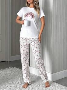 EURMUSE Ensemble de pyjama de détente en coton pour femmes grandes tailles, avec Top de pyjama à motif arc-en-ciel rétro et bas de pyjama long à motif rétro - Rouge foncé - Voir 7