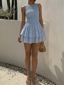 Sunnyshic Women's Blue Sleeveless Bodycon Mini Dress, Elastic Waist, Sweet French Style, Suitable For Spring/Summer Vacation - Blue - View 4