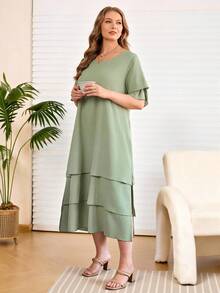 Rosumi Đầm casual cỡ lớn, màu trắng, cổ tròn, không cài cúc, vạt bất đối xứng, kiểu bohemian, thích hợp cho mùa xuân/hè. - Màu xanh Bạc hà - Xem 4