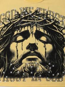 ROMWE MEN Camiseta de manga corta con estampado, de corte holgado, estilo callejero retro para hombre - Amarillo - Ver 4