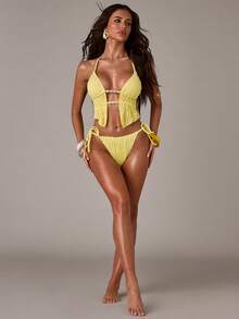 SHEIN BAE 2pcs/Set Women's Yellow Bikini Swimsuit,2026 Summer New Arrivals: Women's Yellow Pleated Textured Bikini Set, Cute Beachwear/Vacation Set, Sexy Party/Music Festival Women's Swimwear, Women's Beach Vacation Set, Women's Beach Bikini, Elegant Women's Beach Swimwear, Vacation Set, Women's Bikini Set, Women's Swimwear, Beach Party, Pool Party - Light Yellow - View 3