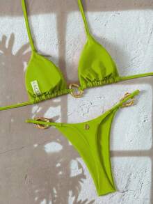 Swim Vcay 女士新款时尚纯色露背吊带金属装饰性感三角比基尼套装，夏季沙滩 - 綠色 - 查看 2