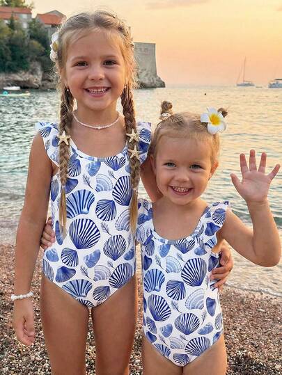 SHEIN Young Girl Cute Casual Blue Shell & Marine Life Print One-Piece Swimsuit, Spring/Summer