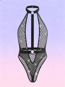 FeverCity 男士性感透视格子网眼水钻装饰镂空露背吊带连体衣