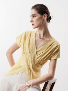 Aalyst Women's Spring/Summer Casual Blouse, Elegant V-Neck Crossover Pleated Design, Slim Fit Short Sleeve Shirt, Yellow - Yellow - View 5