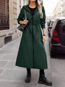SHEIN LUNE 女式休闲纯色落肩宽松束腰拉链连帽长款风衣 - 墨綠色 - 查看 5