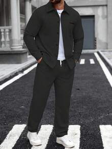 Manfinity Homme Men's Pocket Shirts & Elasticated Waistband Pants Two Pieces Jacket Suit Men Casual Suit Men Co Ord Men Black Two Pieces Set Men Joggers Suit, For Winter - Black - View 4