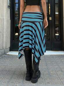 Aloruh 女士蓝色条纹针织不对称下摆半身裙 - 藍白色 - 查看 2